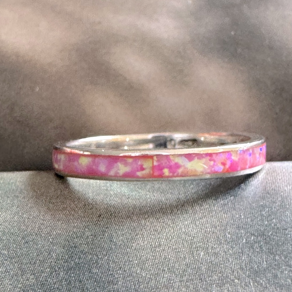 925 Sterling Silver Pink Opal Inlay Band Ring - Jewelry